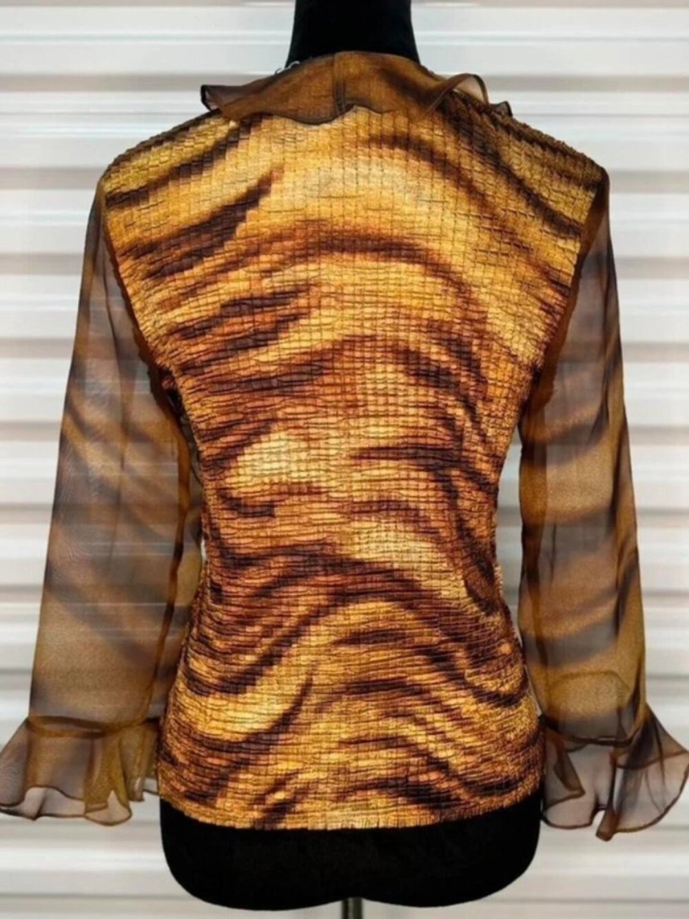 Vintage 90s tiger print ruffle blouse with sheer sleeves - Picture 4 of 5
